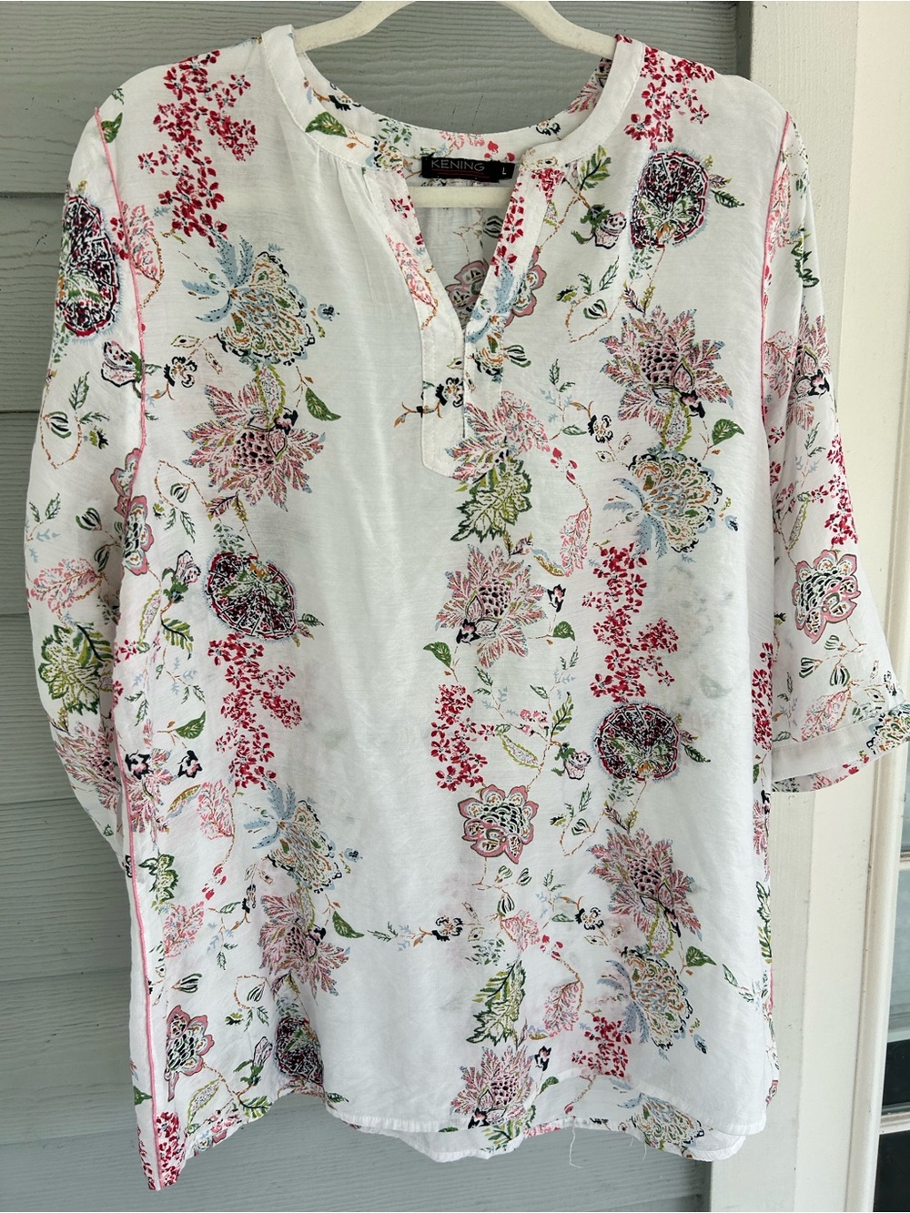Kening L Floral Cottagecore Blouse White Boho 3/4 Sleeve Lightweight Top Peasant